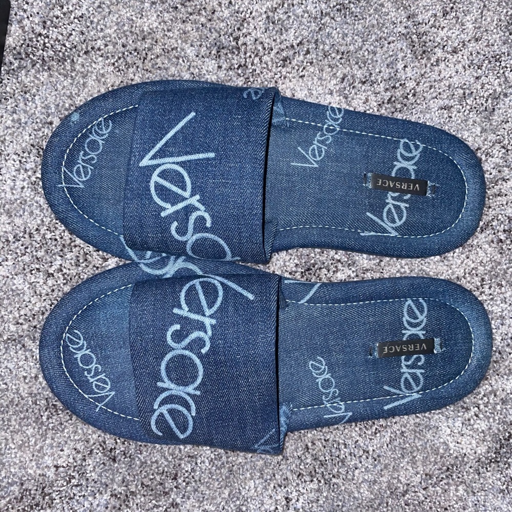VERSACE Denim Cotton  SLIDES Flat SANDALS - Picture 2 of 7
